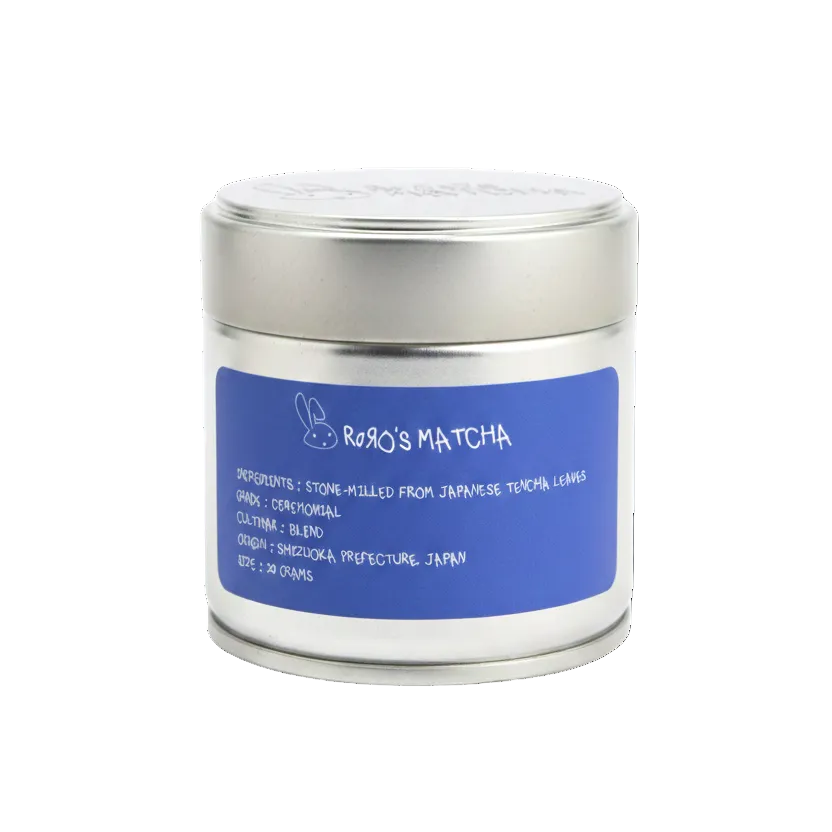 Silver container with blue label on a white background